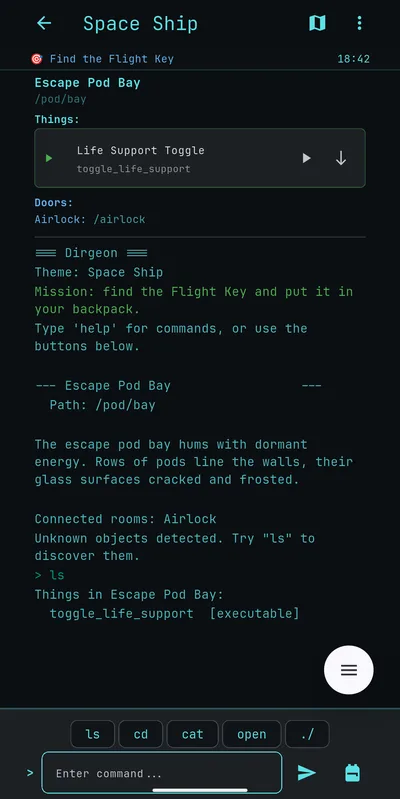 Typing ls in the Space Ship's Escape Pod Bay